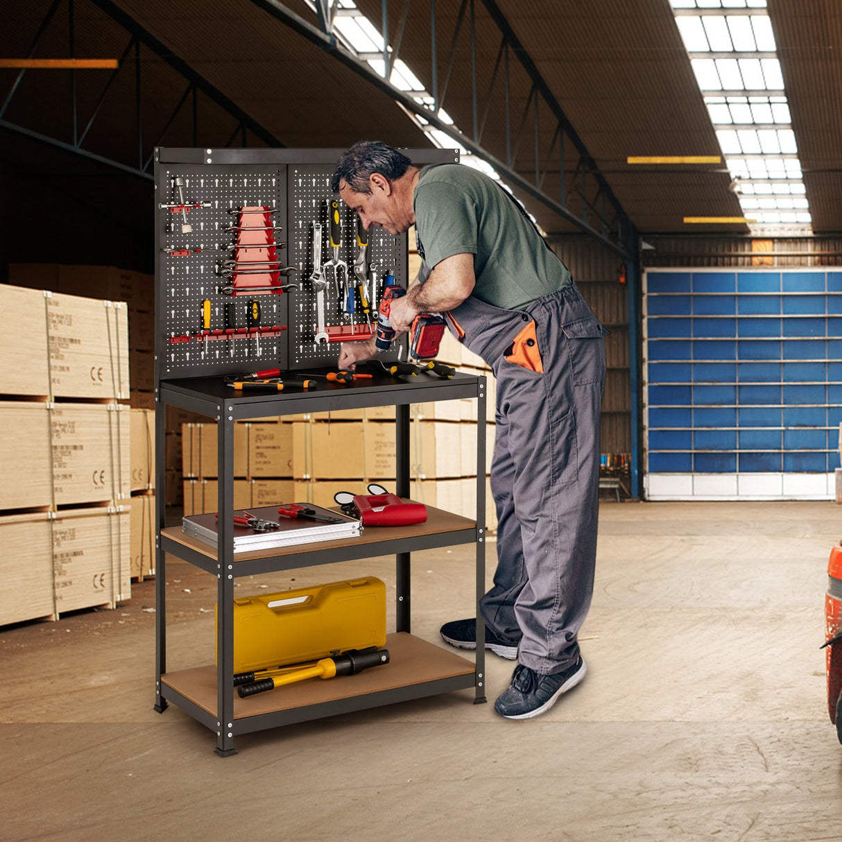 Banco de trabajo con almacenamiento de herramientas, tablero perforado, 2 estantes inferiores y 14 accesorios colgantes - Negro