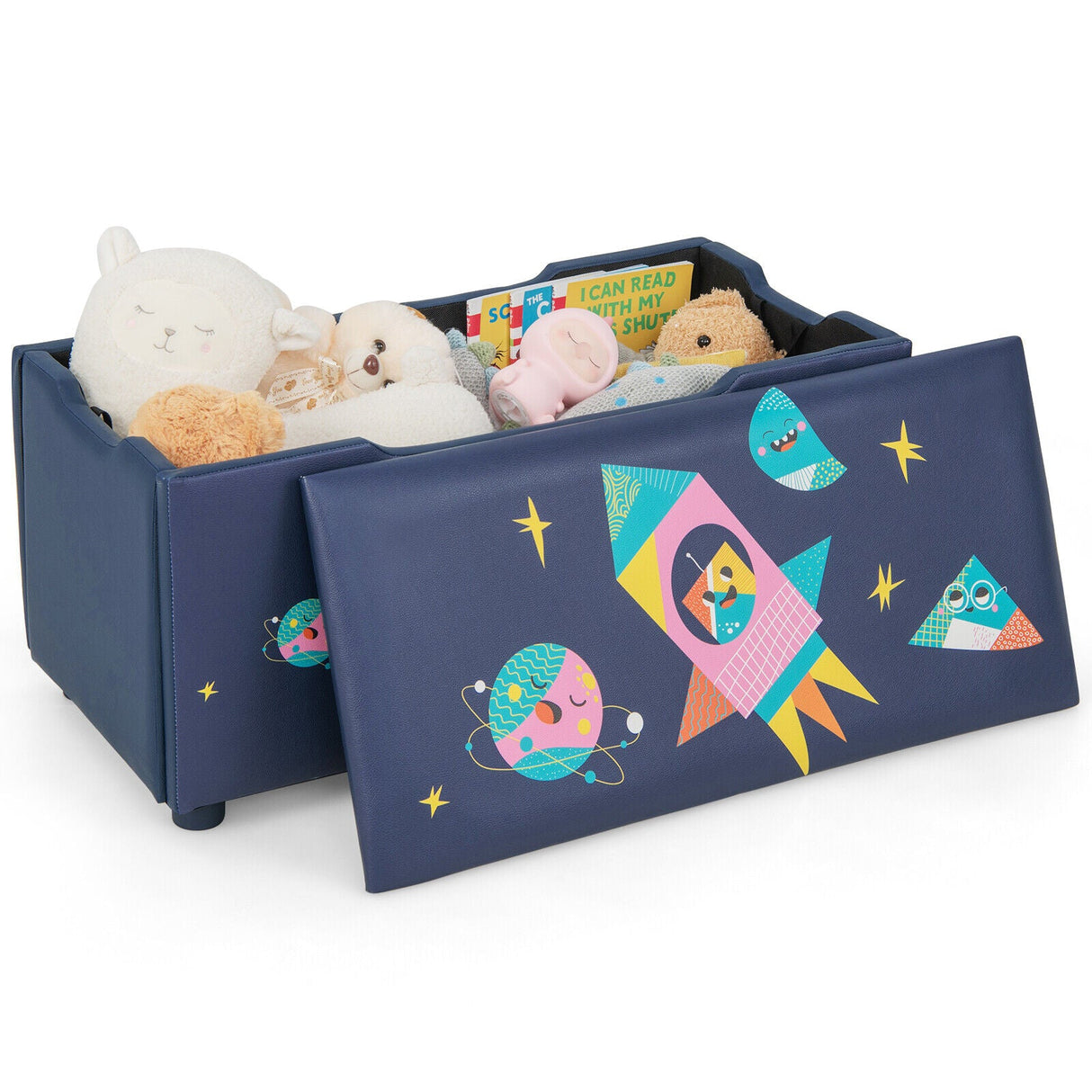 Caja de almacenamiento de juguetes de madera tapizada para niños con tapa extraíble - Azul marino