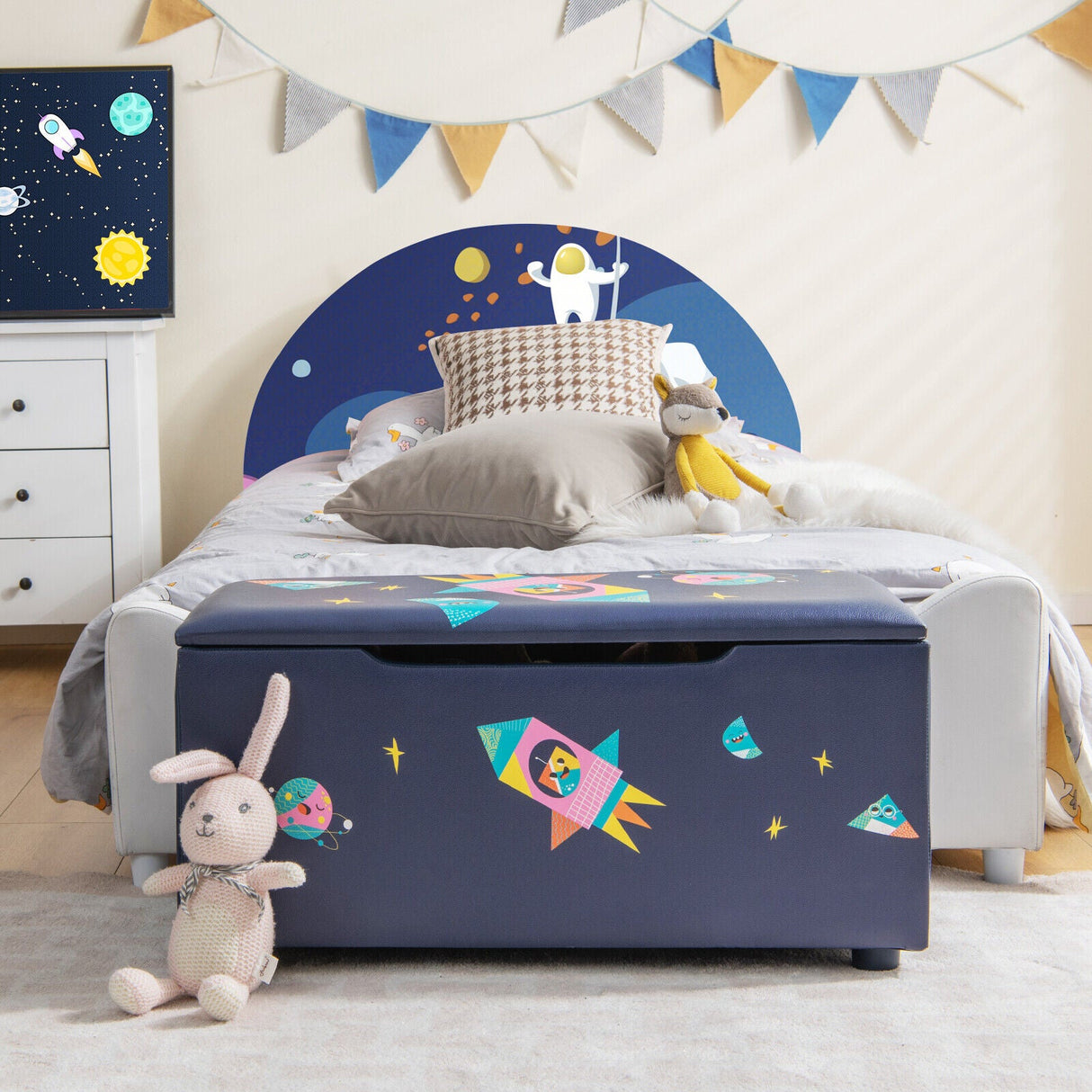 Caja de almacenamiento de juguetes de madera tapizada para niños con tapa extraíble - Azul marino
