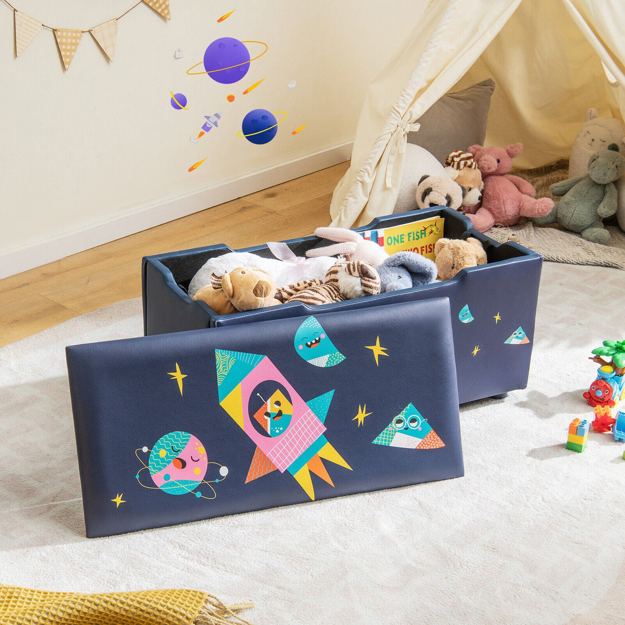 Caja de almacenamiento de juguetes de madera tapizada para niños con tapa extraíble - Azul marino