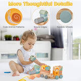 Wooden Toy Train Set with Stacking Wooden Blocks and Cute Animal Patterns