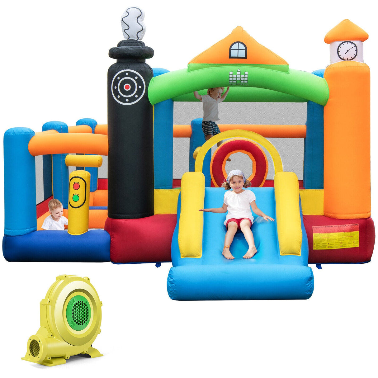Castillo Hinchable para Niños con Temática de Tren, Tobogán y Canasta de Baloncesto con Soplador de Aire de 950W