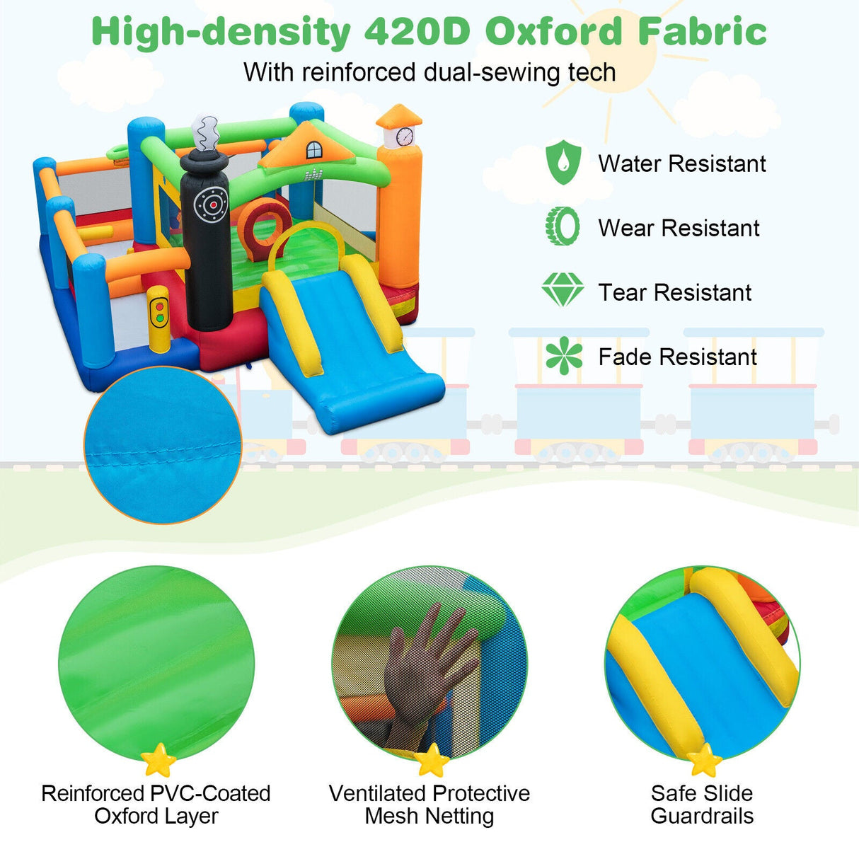 Castillo Hinchable para Niños con Temática de Tren, Tobogán y Canasta de Baloncesto con Soplador de Aire de 950W