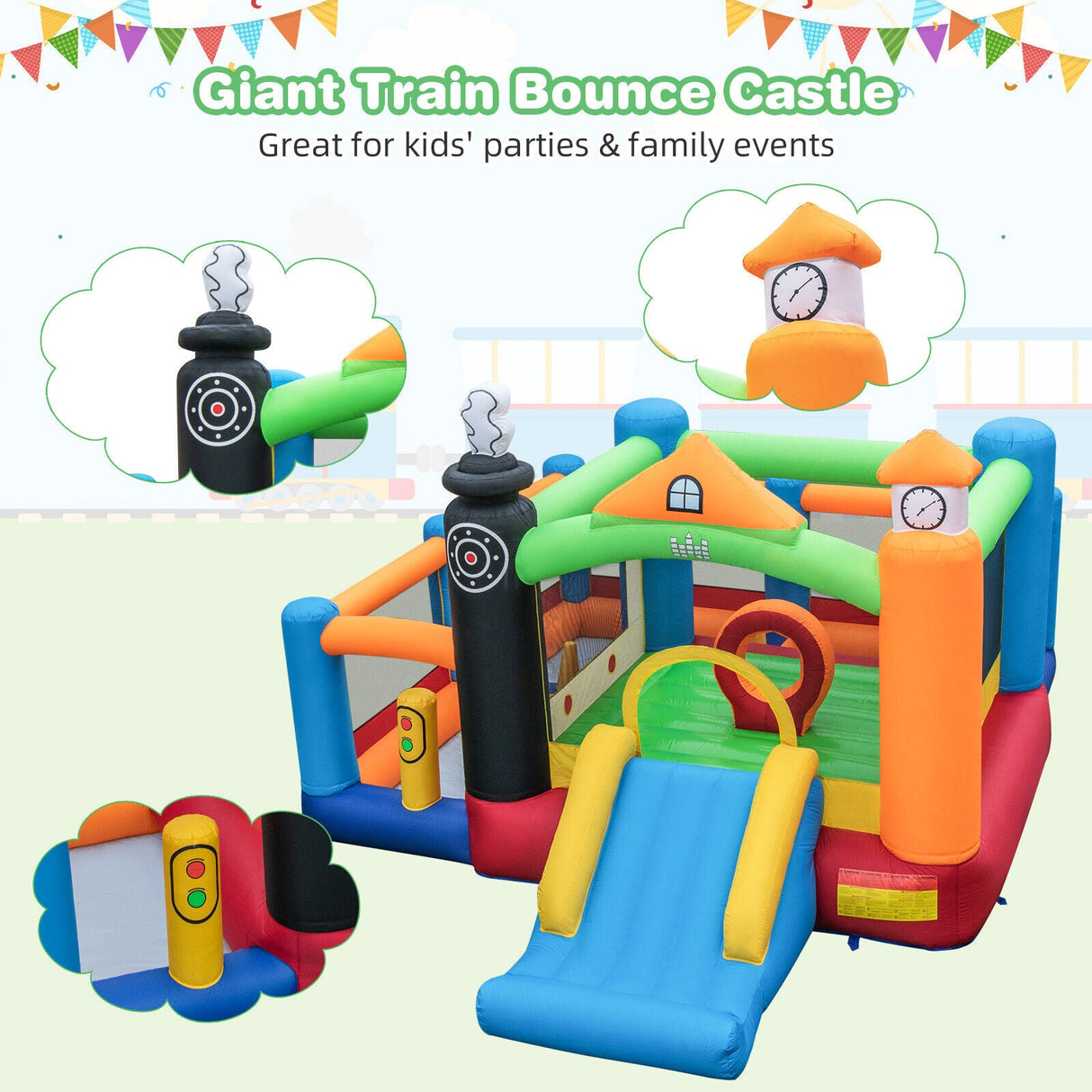 Castillo Hinchable para Niños con Temática de Tren, Tobogán y Canasta de Baloncesto con Soplador de Aire de 950W