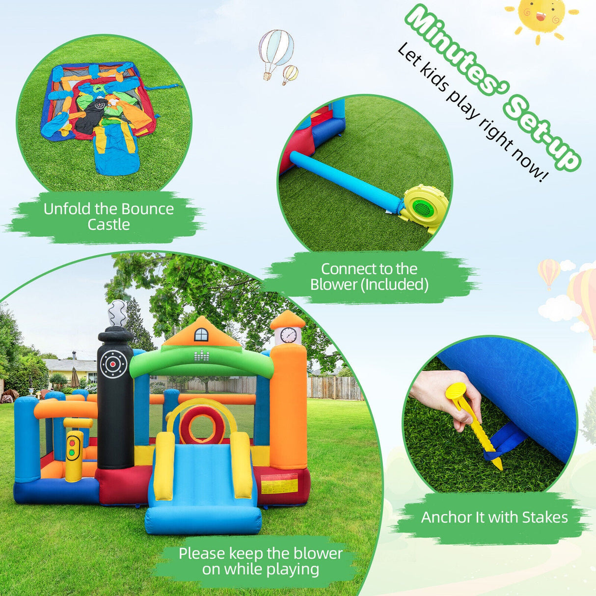 Castillo Hinchable para Niños con Temática de Tren, Tobogán y Canasta de Baloncesto con Soplador de Aire de 950W