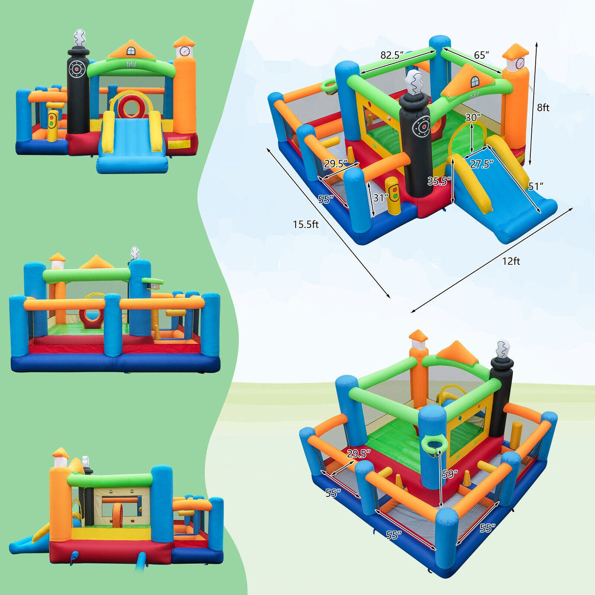 Castillo Hinchable para Niños con Temática de Tren, Tobogán y Canasta de Baloncesto con Soplador de Aire de 950W