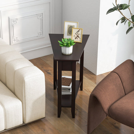 Mesa auxiliar de cuña de 2 niveles con estante de almacenamiento y patas de madera maciza