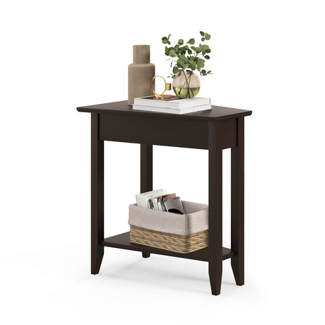 Mesa auxiliar de cuña de 2 niveles con estante de almacenamiento y patas de madera maciza