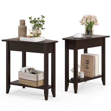 Mesa auxiliar de cuña de 2 niveles con estante de almacenamiento y patas de madera maciza