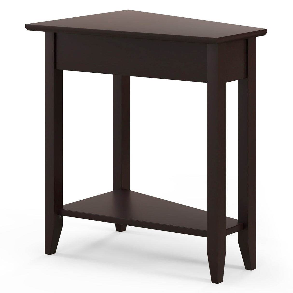 Mesa auxiliar de cuña de 2 niveles con estante de almacenamiento y patas de madera maciza