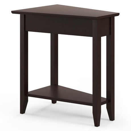 Mesa auxiliar de cuña de 2 niveles con estante de almacenamiento y patas de madera maciza