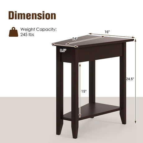 Mesa auxiliar de cuña de 2 niveles con estante de almacenamiento y patas de madera maciza