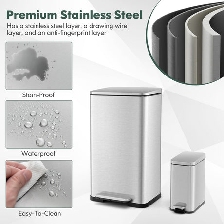 Juego combinado de cubos de basura de 10.5 gal y 1.6 gal con cubos interiores desmontables - Plateado