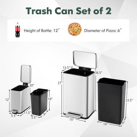 Juego combinado de cubos de basura de 10.5 gal y 1.6 gal con cubos interiores desmontables - Plateado