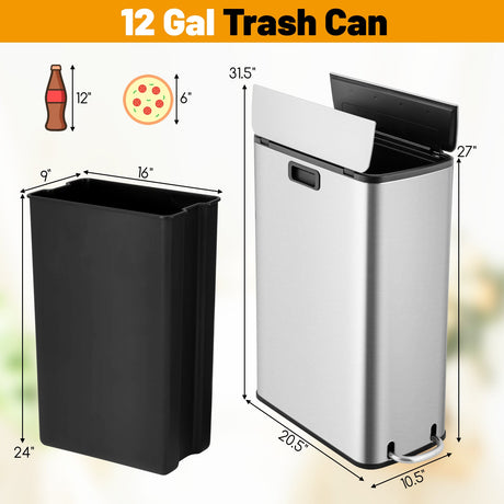Cubo de Basura de Acero Inoxidable de 12 Galones con Tapas de Ala de Cierre Suave-Plateado