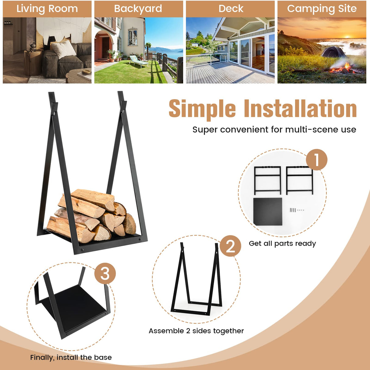Estante de leña triangular con base elevada para chimenea y brasero - Negro