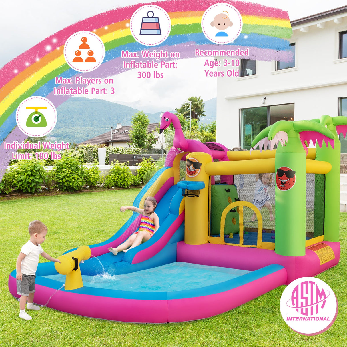 Castillo Hinchable con Tobogán Acuático Largo y Ventilador de 735W