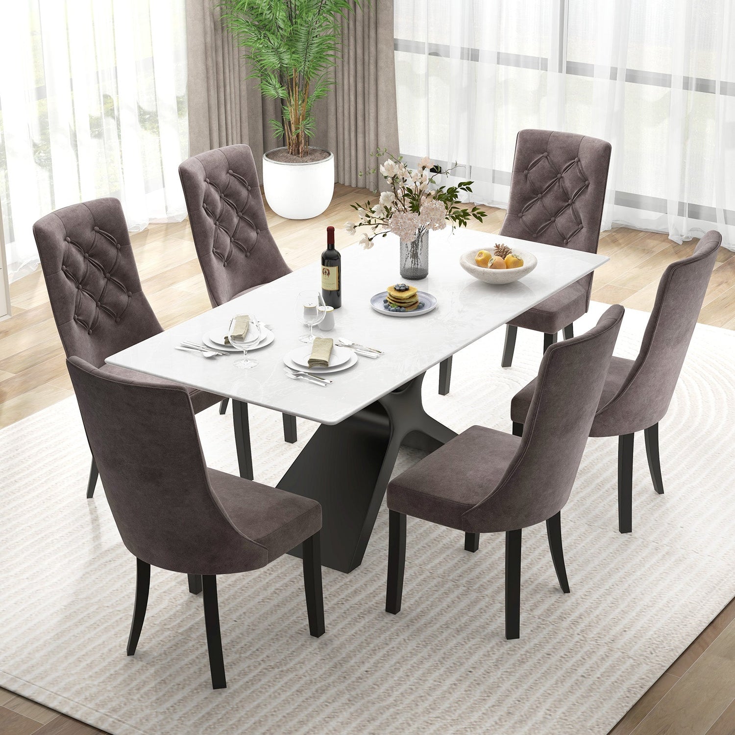 Juego de 2 sillas de comedor tapizadas con respaldo alto y asiento acolchado - Gris
