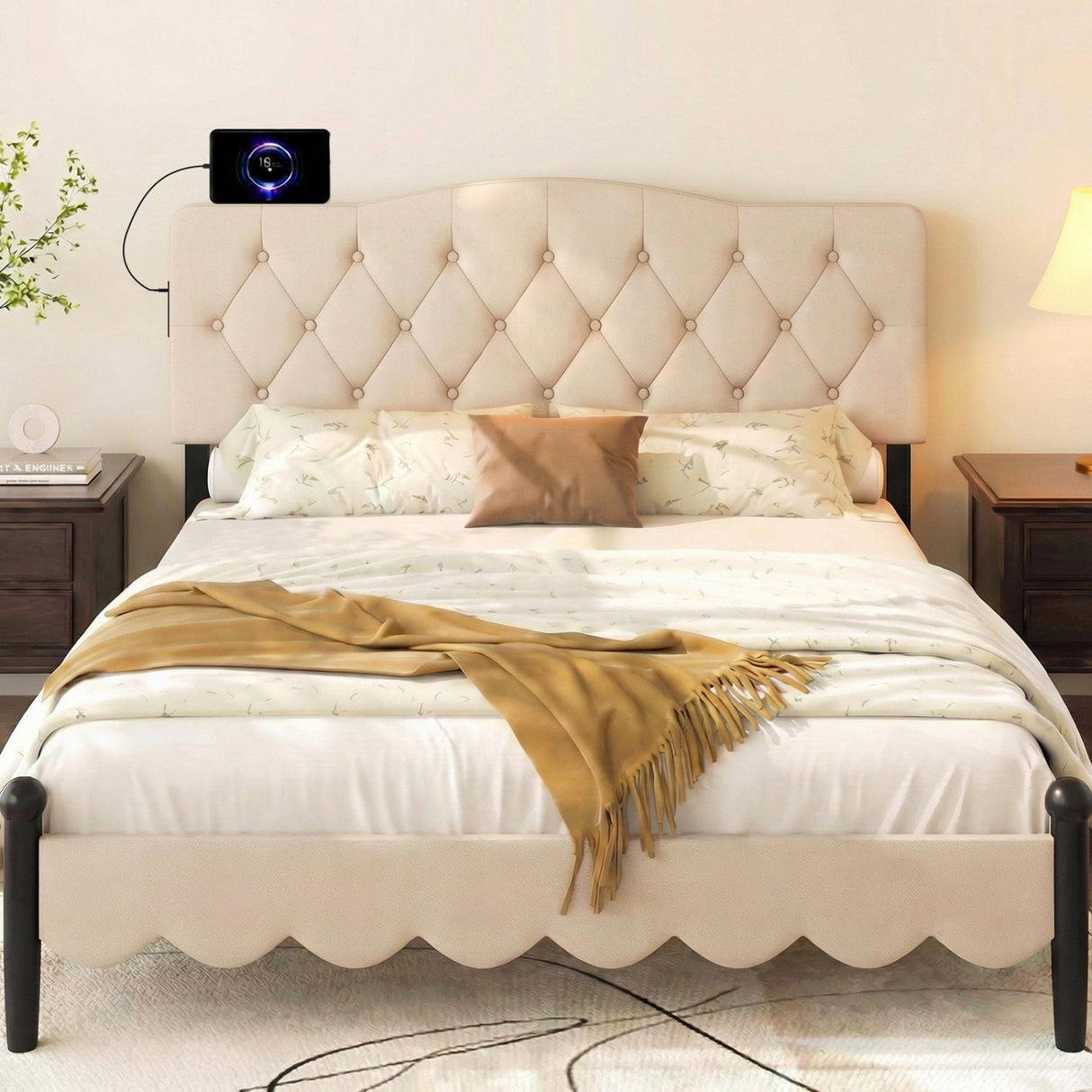 Cabecero tapizado capitoné para cama Queen y Full con 2 tomas de corriente alterna