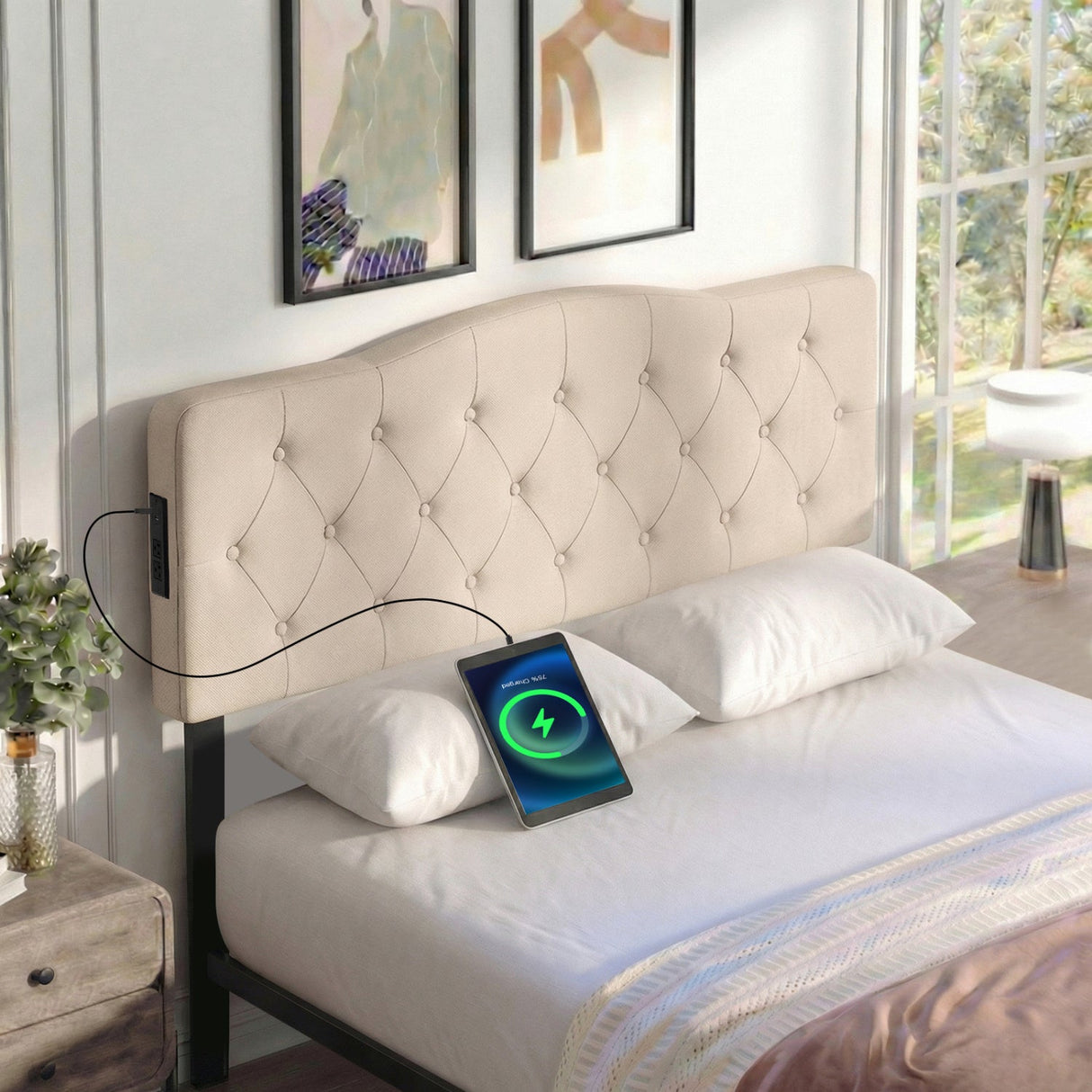 Cabecero tapizado capitoné para cama Queen y Full con 2 tomas de corriente alterna