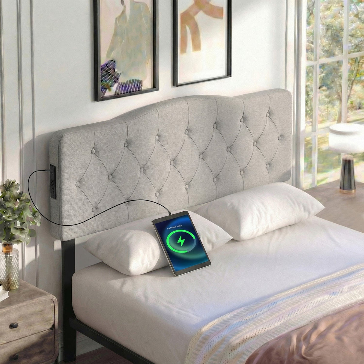 Cabecero tapizado capitoné para cama Queen y Full con 2 tomas de corriente alterna