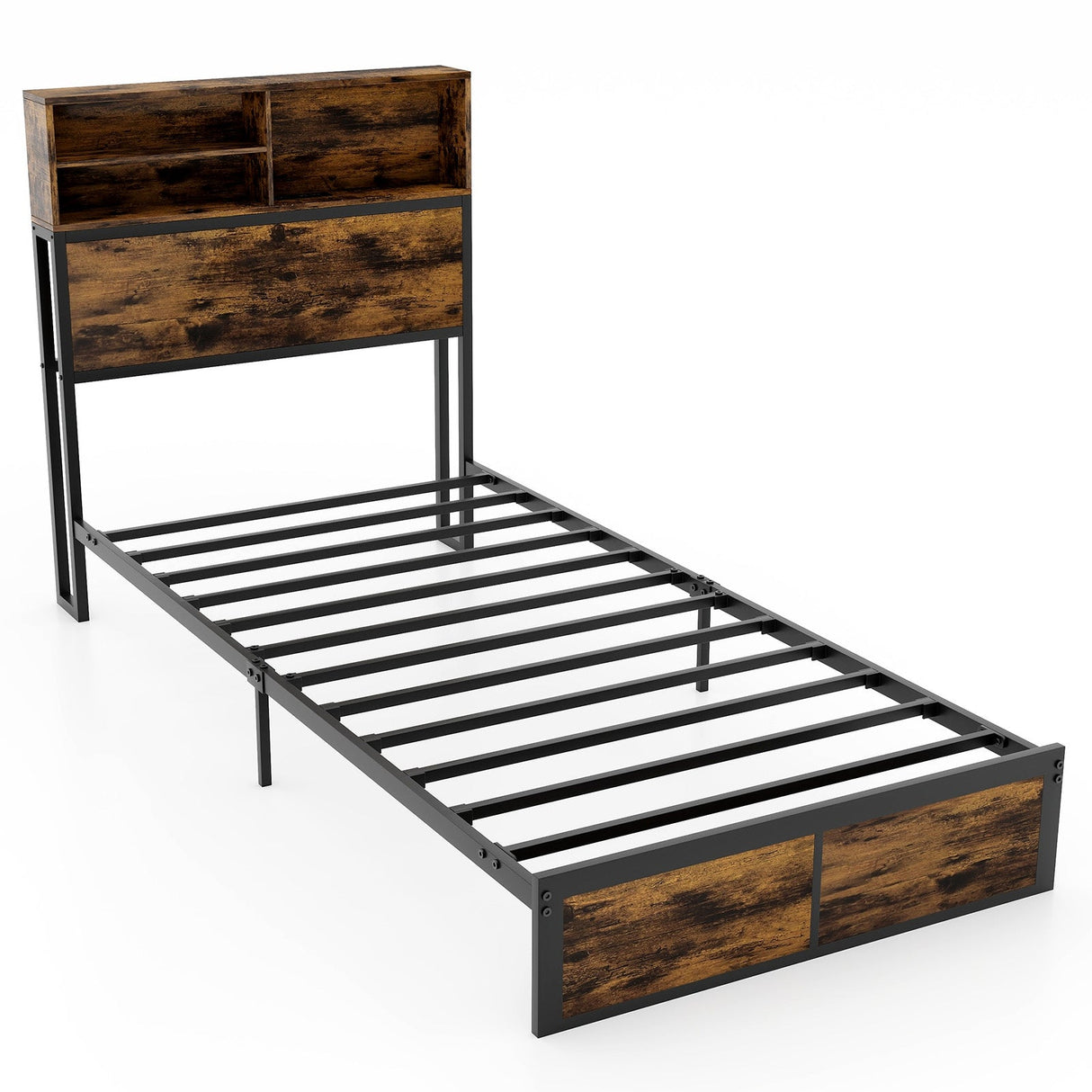 Estructura de cama Twin/Full/Queen/King Size con cabecera de almacenamiento, plataforma de metal industrial