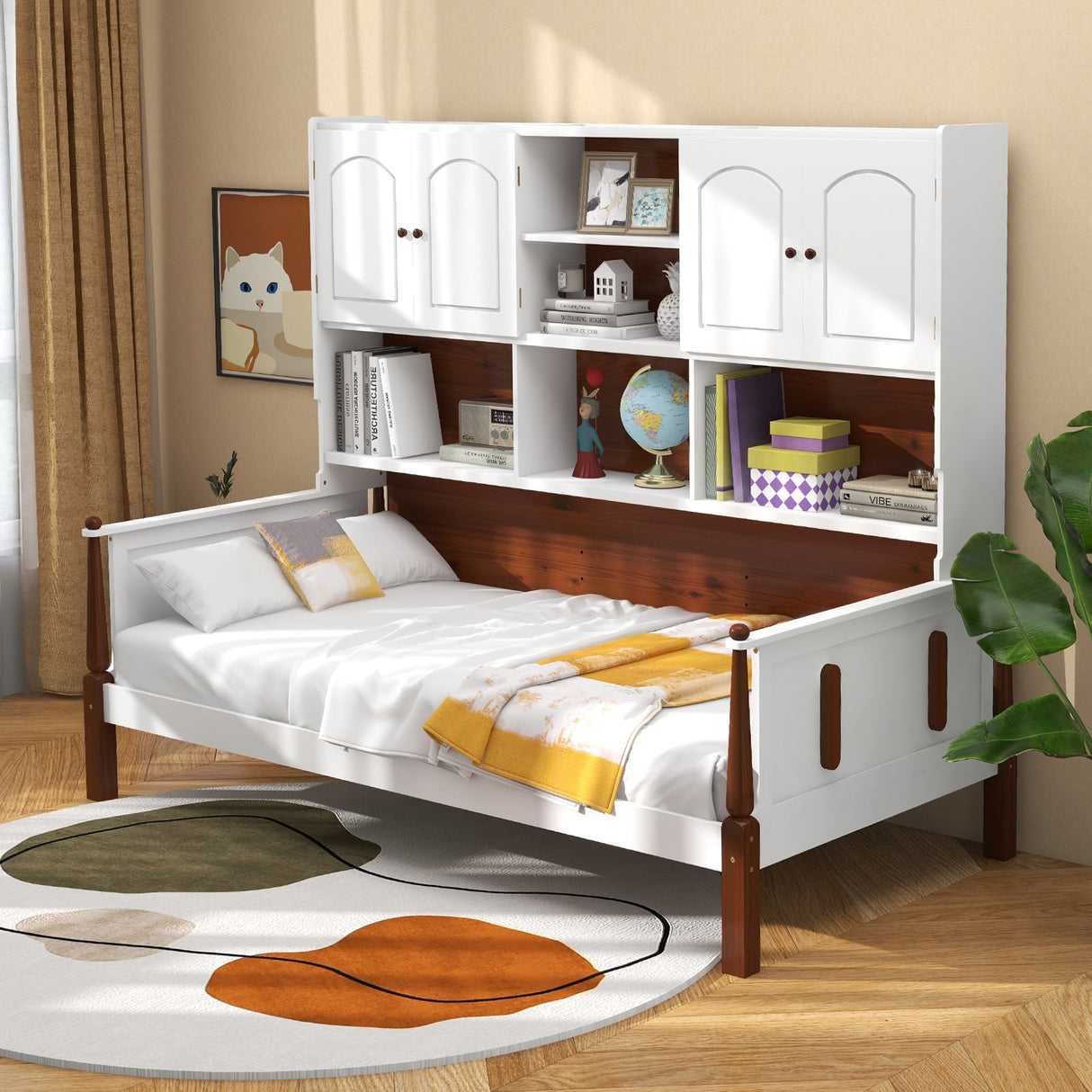 Cama individual con estantería con baldas y soporte de lamas de madera, no necesita somier, para sala de estar o dormitorio - Blanco