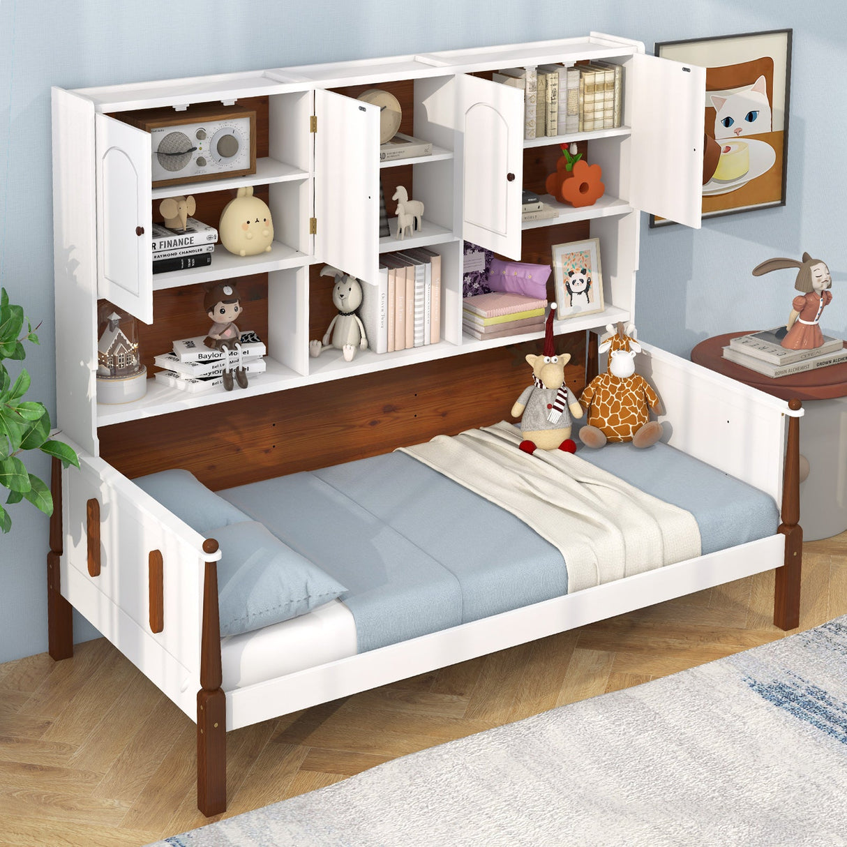 Cama individual con estantería con baldas y soporte de lamas de madera, no necesita somier, para sala de estar o dormitorio - Blanco