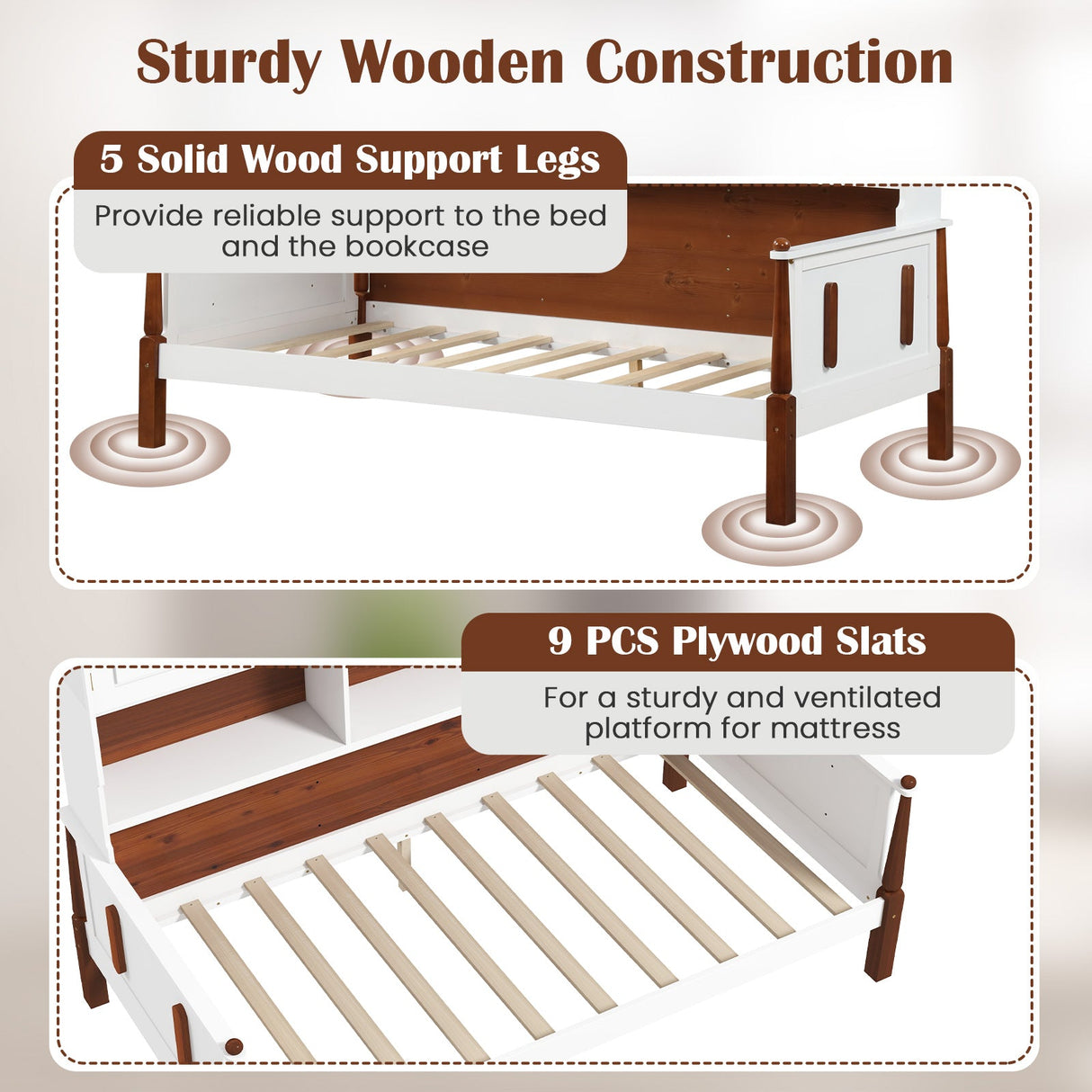 Cama individual con estantería con baldas y soporte de lamas de madera, no necesita somier, para sala de estar o dormitorio - Blanco