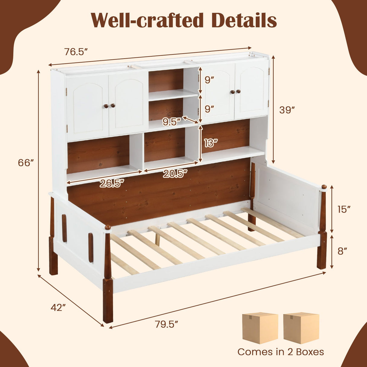 Cama individual con estantería con baldas y soporte de lamas de madera, no necesita somier, para sala de estar o dormitorio - Blanco