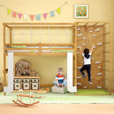Twin Bunk Bed with Jungle Gym Wooden Loft Bed with Climbing Ladder-Natural