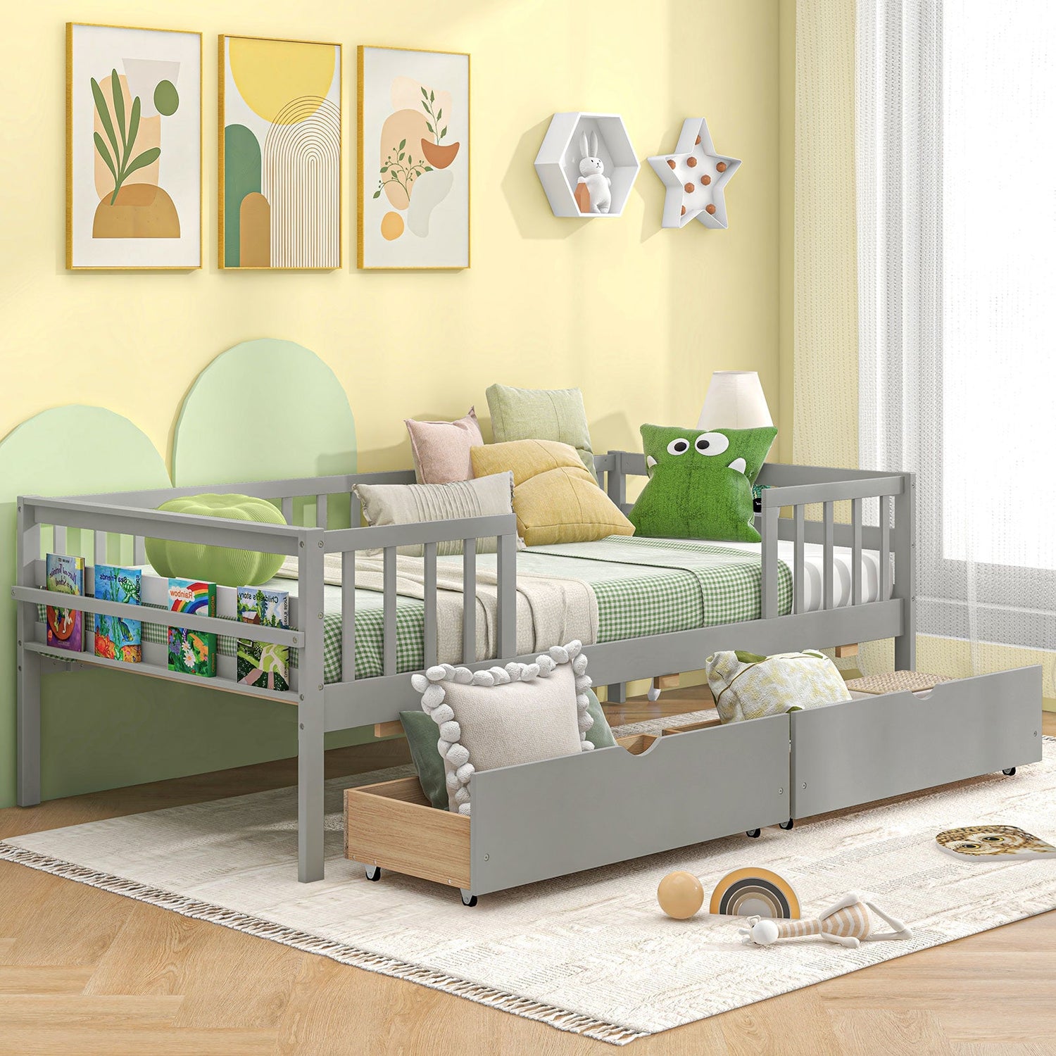 Cama nido doble con valla y 2 cajones Cama infantil para niños y niñas