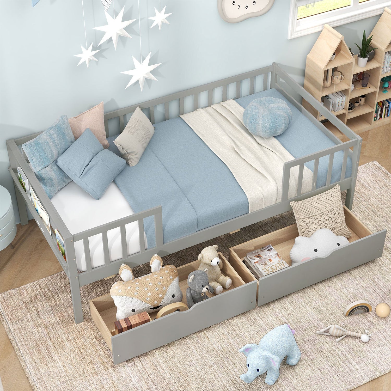 Cama nido doble con valla y 2 cajones Cama infantil para niños y niñas