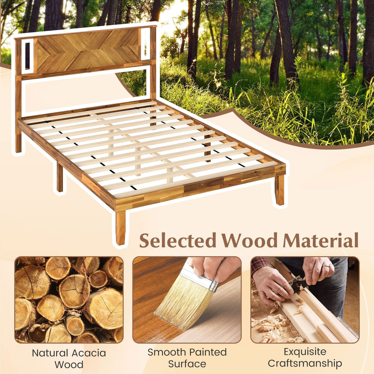 Twin/Full/Queen Size Bed Frame Mid-Century Acacia Wood Platform Bed with Headboard