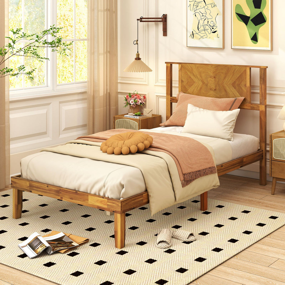 Twin/Full/Queen Size Bed Frame Mid-Century Acacia Wood Platform Bed with Headboard