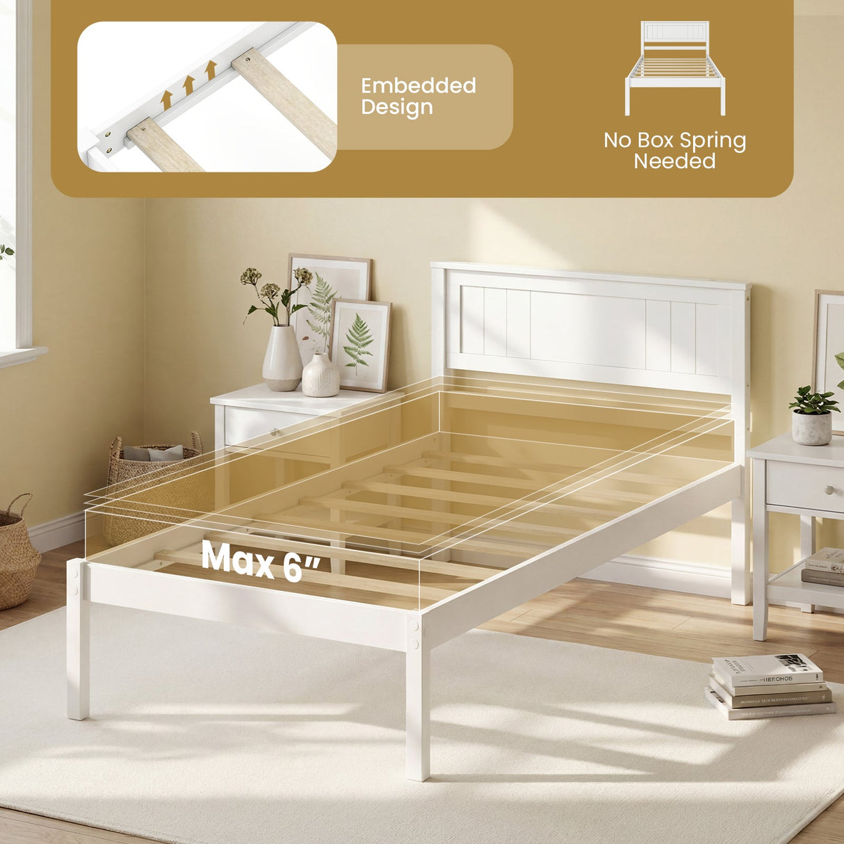 Base de Cama de Madera Robusta con Cabecero y Soporte de Lamas, Tamaños Individual/Matrimonial/Queen