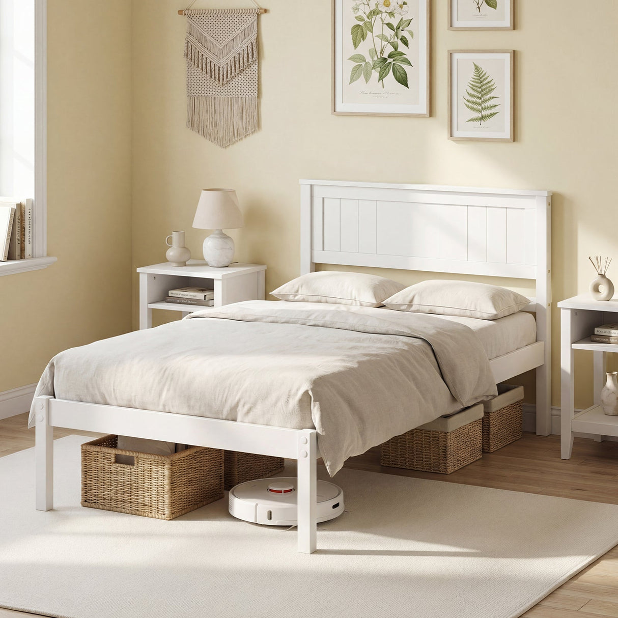 Base de Cama de Madera Robusta con Cabecero y Soporte de Lamas, Tamaños Individual/Matrimonial/Queen
