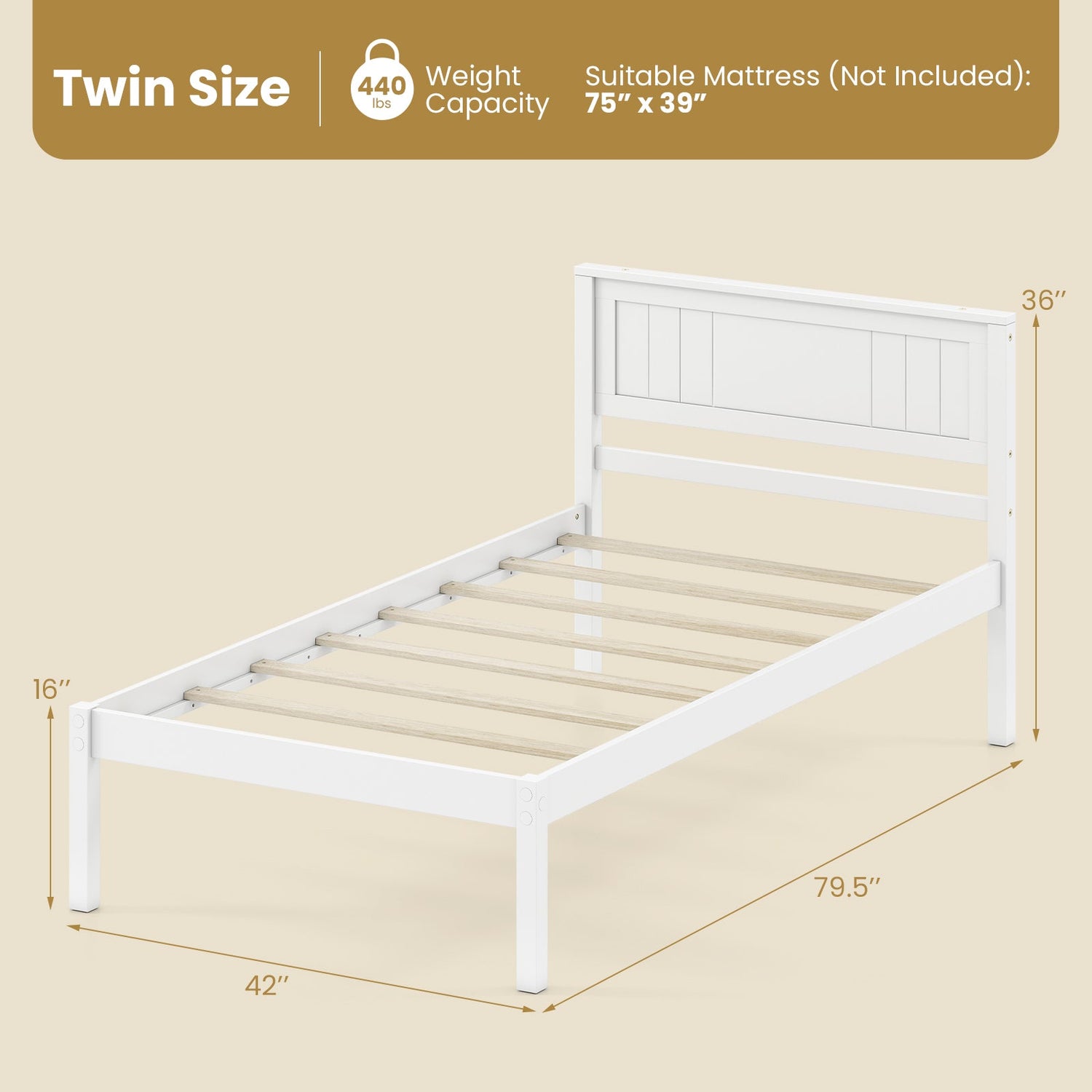 Base de Cama de Madera Robusta con Cabecero y Soporte de Lamas, Tamaños Individual/Matrimonial/Queen