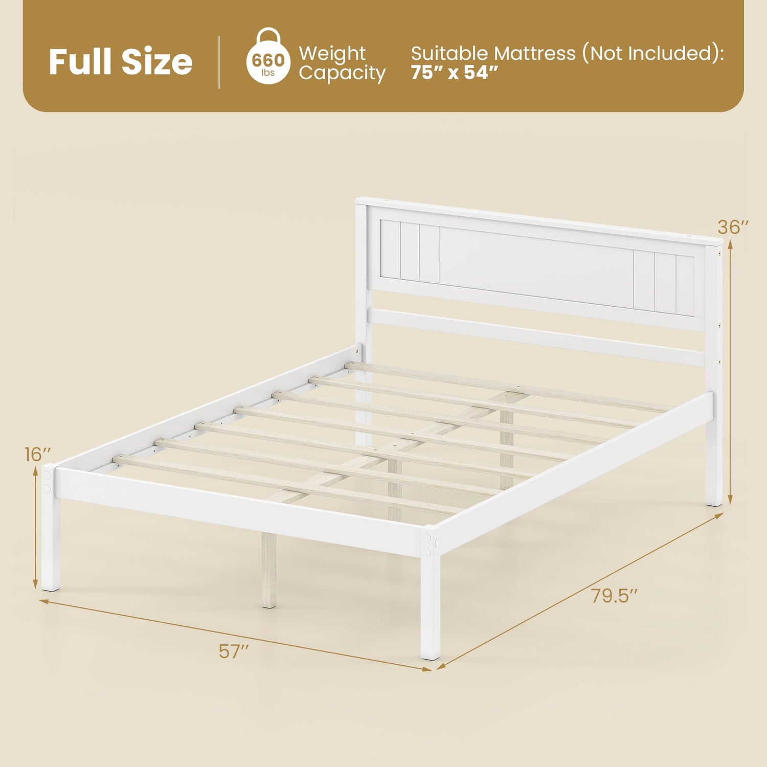 Base de Cama de Madera Robusta con Cabecero y Soporte de Lamas, Tamaños Individual/Matrimonial/Queen