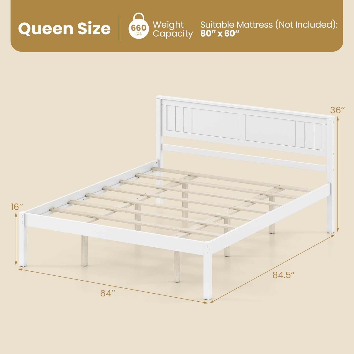 Base de Cama de Madera Robusta con Cabecero y Soporte de Lamas, Tamaños Individual/Matrimonial/Queen