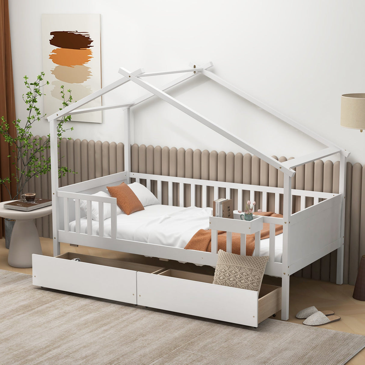 Cama Twin con 2 Cajones de Almacenamiento y Techo & Barandales de Valla
