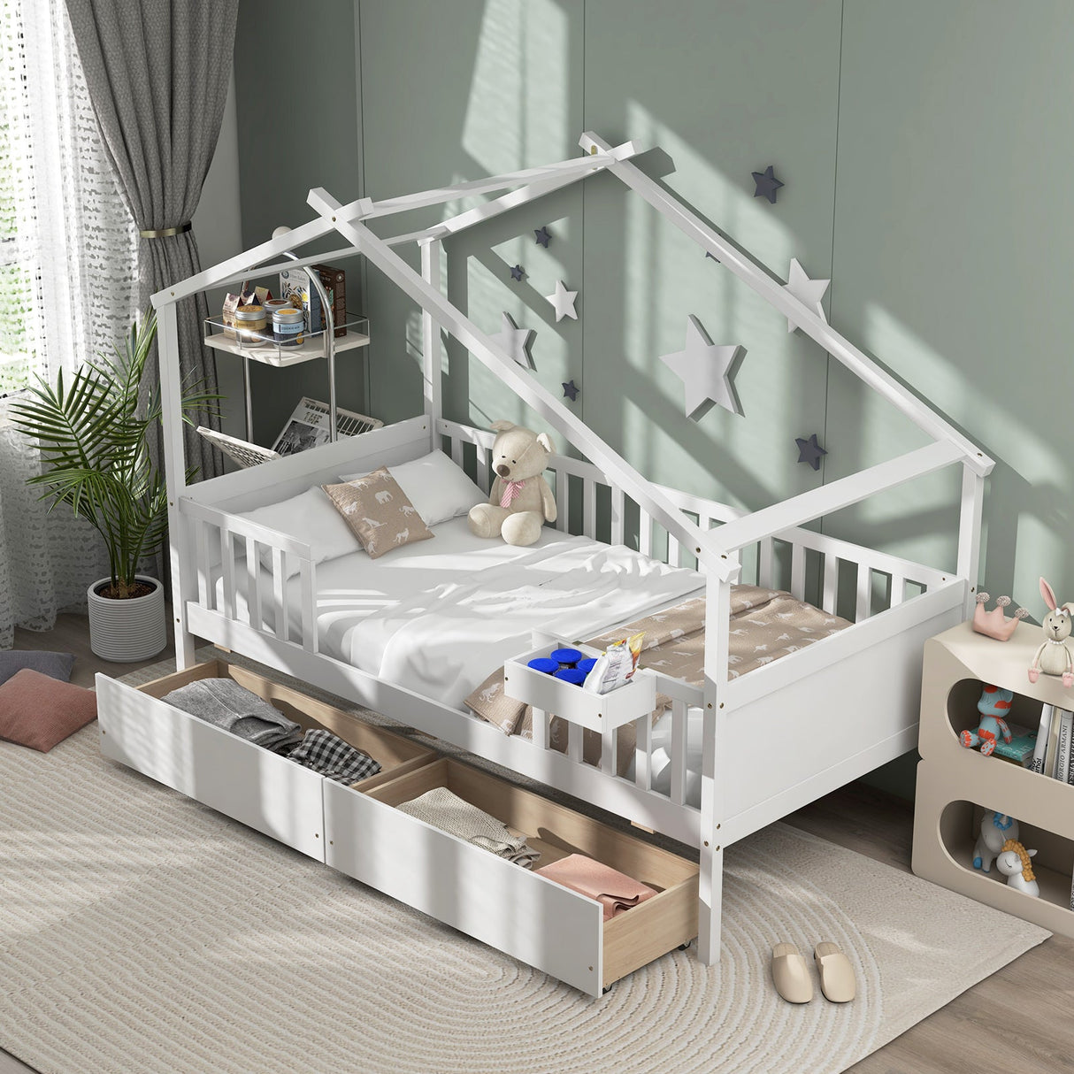 Cama Twin con 2 Cajones de Almacenamiento y Techo & Barandales de Valla