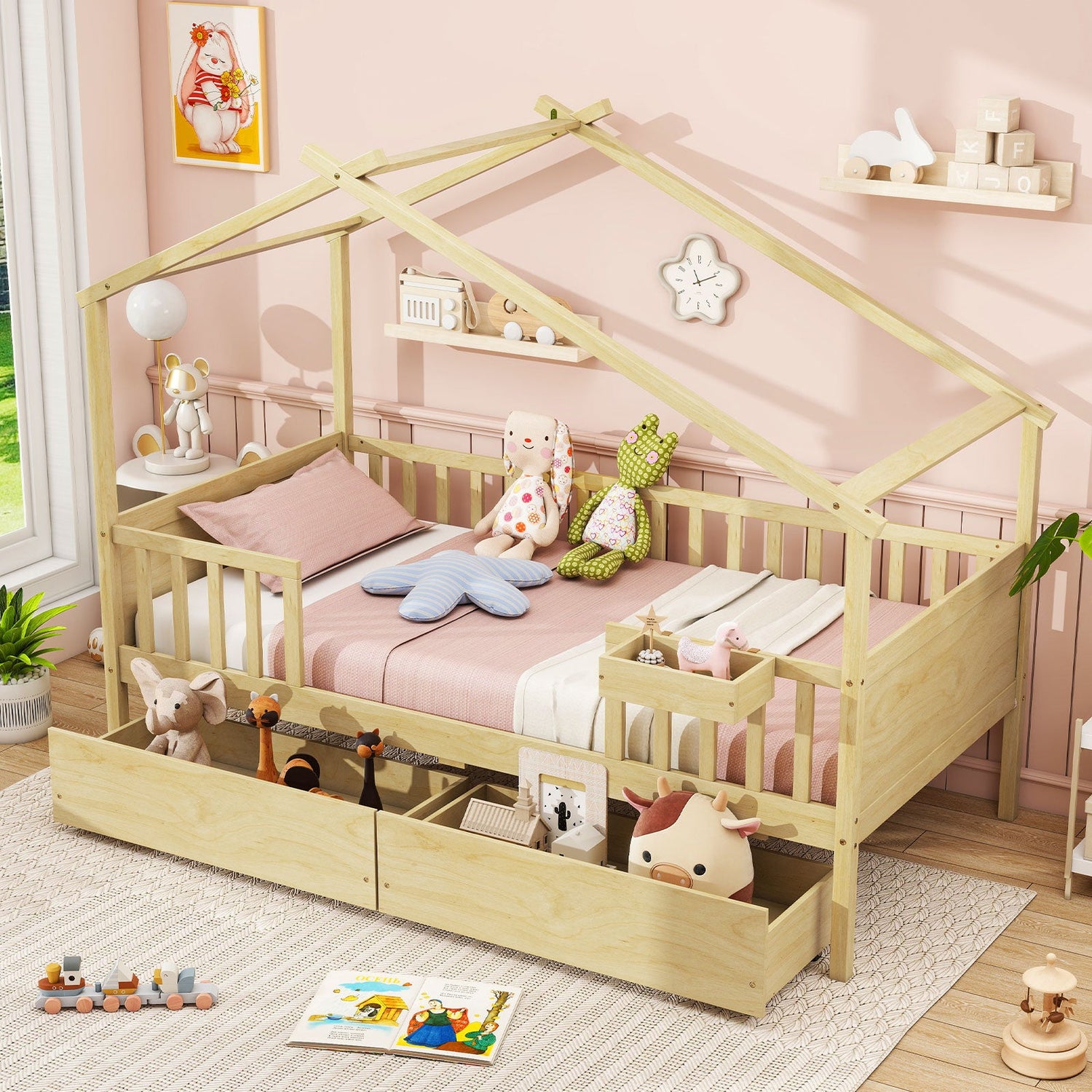 Cama Twin con 2 Cajones de Almacenamiento y Techo & Barandales de Valla