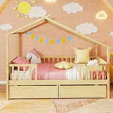 Cama Twin con 2 Cajones de Almacenamiento y Techo & Barandales de Valla