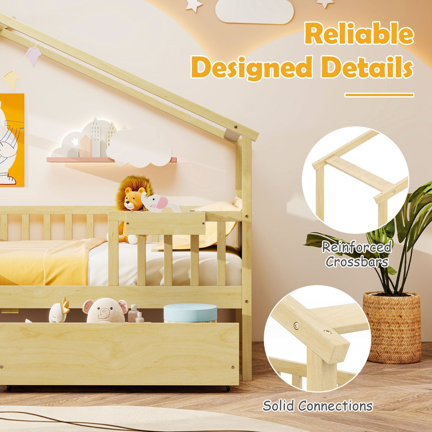 Cama Twin con 2 Cajones de Almacenamiento y Techo & Barandales de Valla