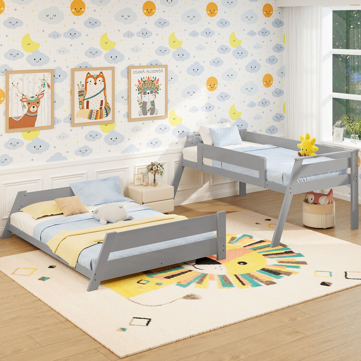 Litera baja doble sobre matrimonial con escalera reversible