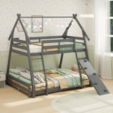Twin Over Queen Bunk Bed Wooden Kids Bed with Climbing Nets and Ramp