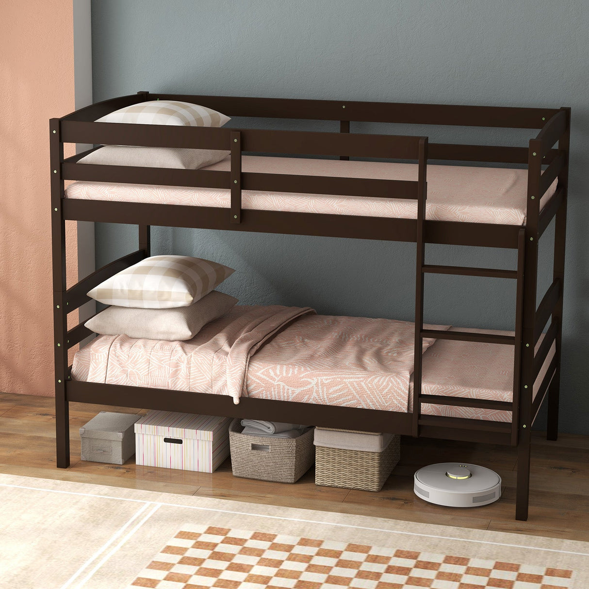 Litera doble de madera maciza con barandales altos y escalera integrada