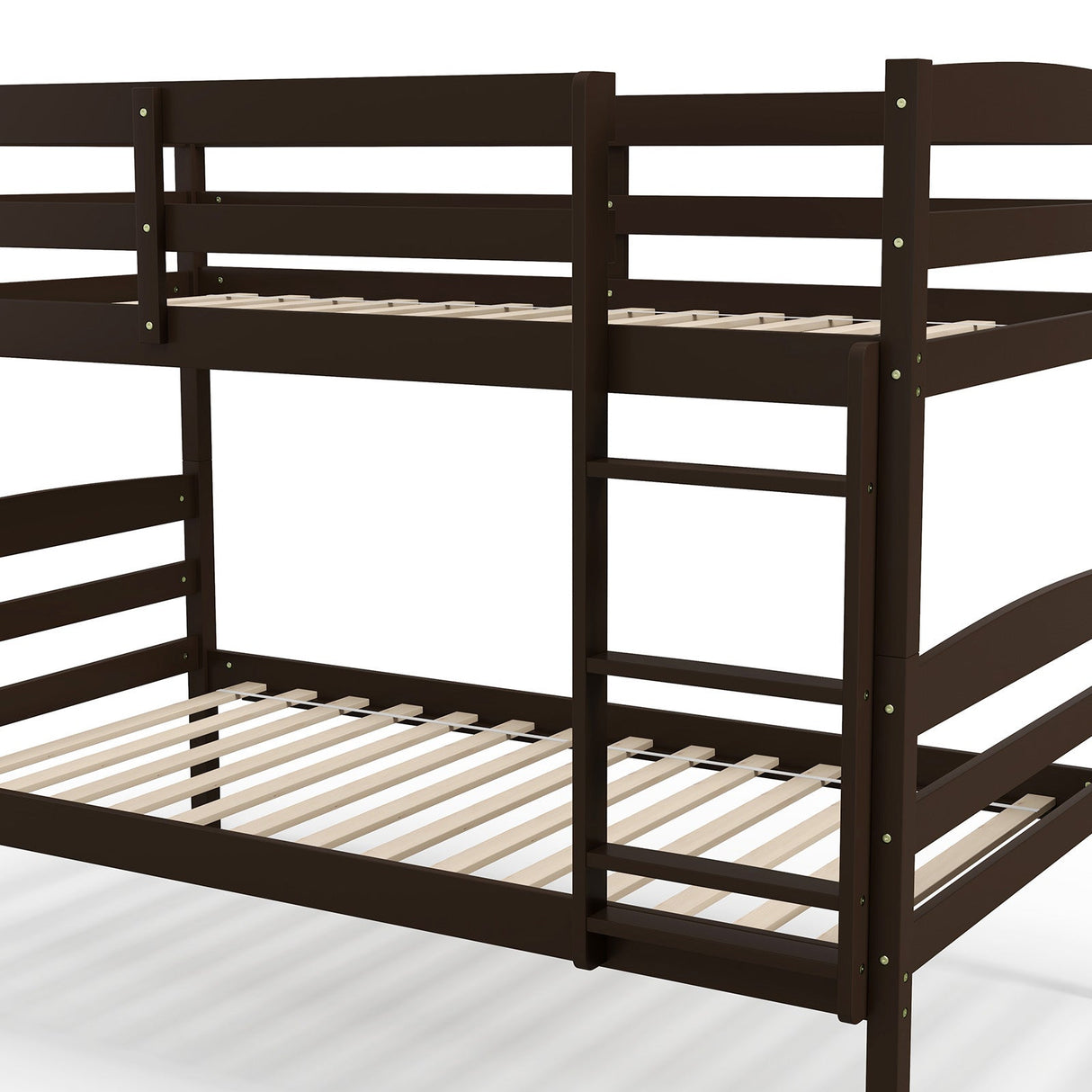 Litera doble de madera maciza con barandales altos y escalera integrada
