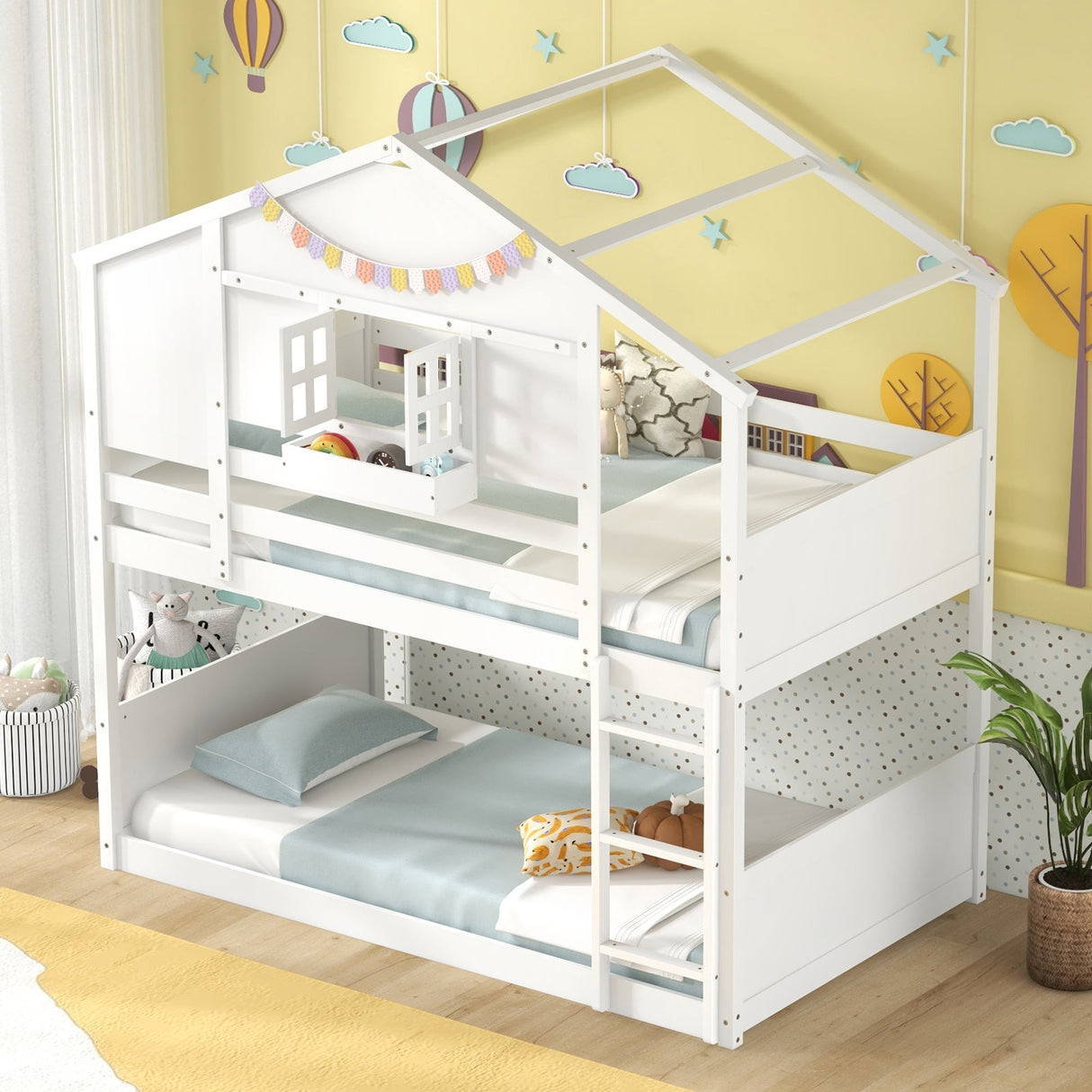 Litera doble sobre doble para niños con techo y ventana con cerradura - Blanco
